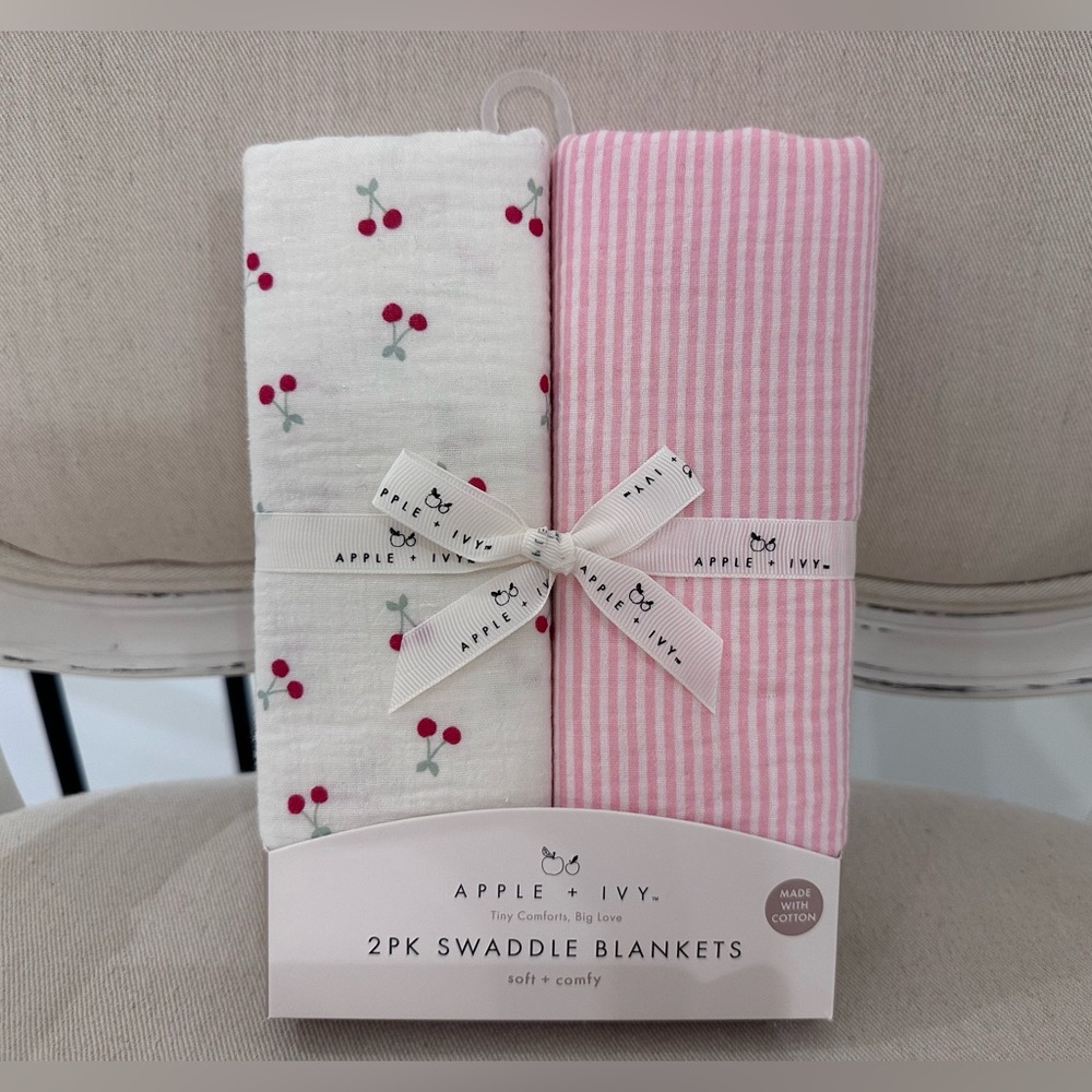 NWT Apple & Ivy Cherry and Striped Swaddle Blankets Set 100% Muslin Cotton